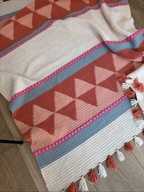 Crocheted Triangle Pattern Throw Blanket in Coral, Peach, Pink, Blue, Cream